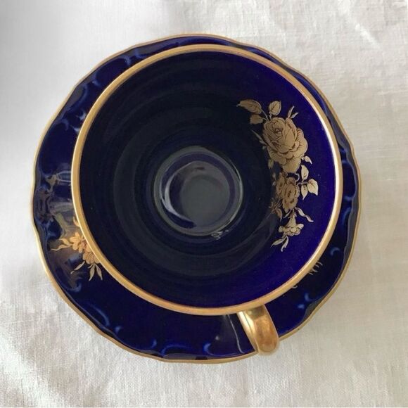 Bareuther Waldsassen Echt Cobalt Handarbeit Rose Demitasse Cup & Saucer Set 24kt - Picture 4 of 16